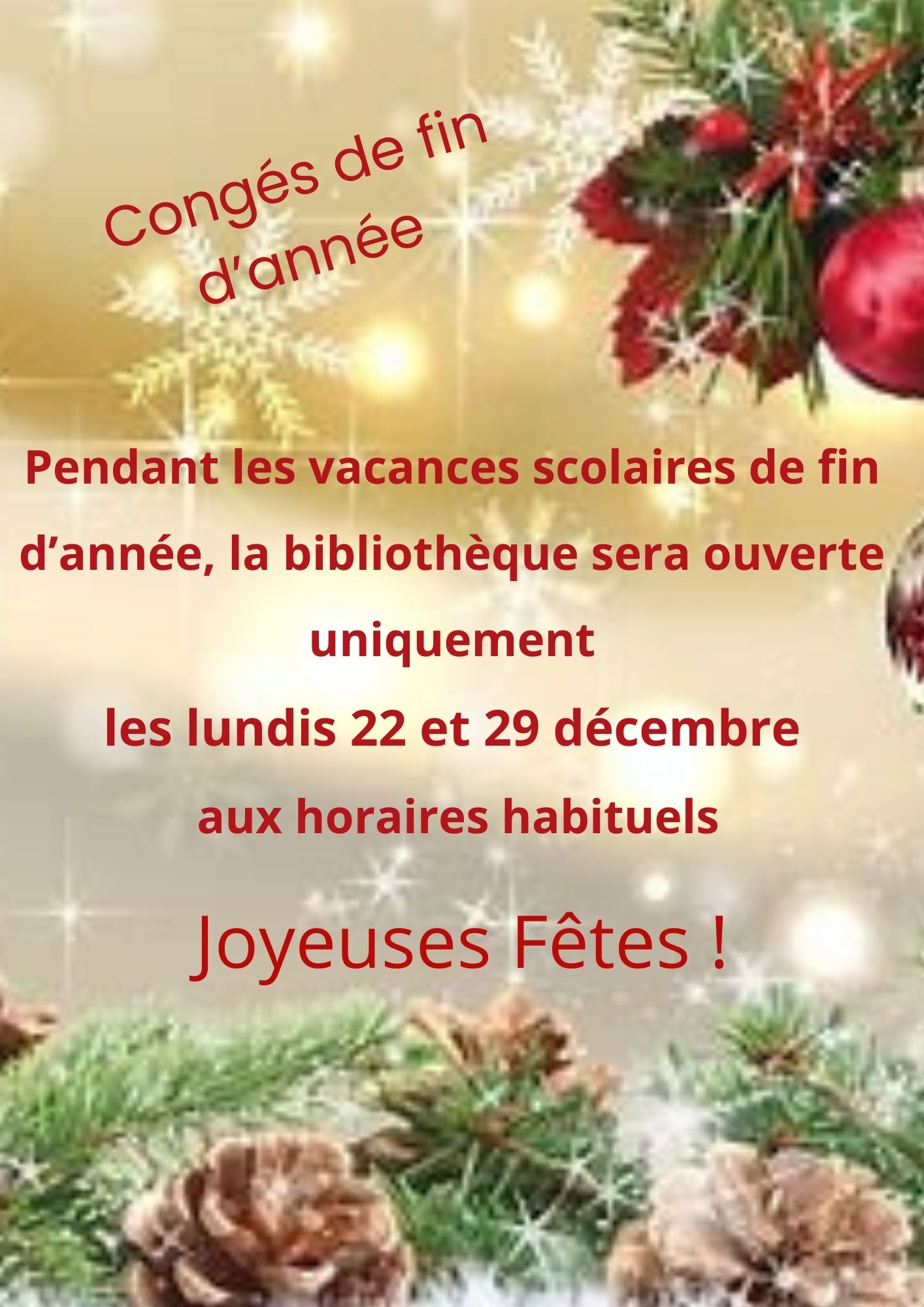 Pendant les vacances scolaires de fin dannée la bibliothèque sera ouverte uniquement les lundis 22 et 29 décembre aux horaires habituels (1) (003)