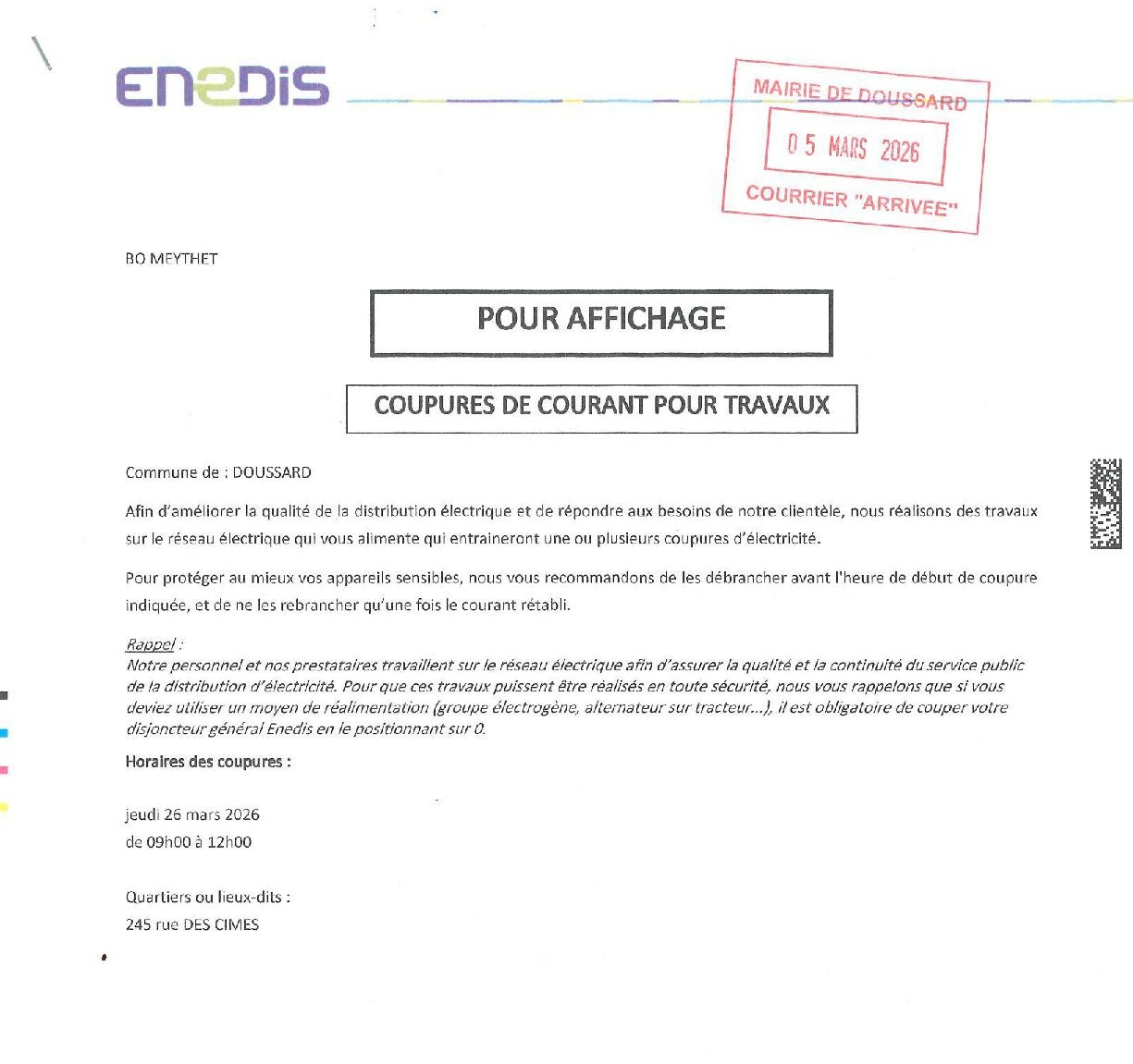 coupure de courant le 26 mars 2026